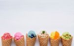 Various Of Ice Cream Flavor In Cones Blueberry ,strawberry ,pist Stock Photo