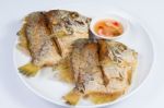 Fried Fish On White Plate Stock Photo