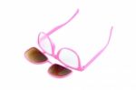 Turn Up Pink Eye Glasses With Open Sun Shield On White Background Stock Photo