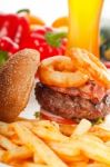 Classic Hamburger Sandwich And Fries Stock Photo