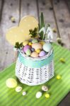 Easter Eggs In The White Basket Stock Photo