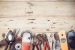 Old Equipment Tools Group Set On Grain Wood Stock Photo