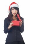 Young Lady Wearing Santa Hat Stock Photo