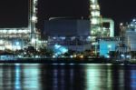 Oil Refinery Plant Night Scene Nearby River Stock Photo