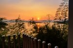 High Angle View Beautiful Lake At Sunset From Resort Stock Photo