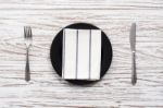 Empty Plate Napkin Fork Knife Silverware White Wooden Table Back Stock Photo