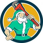 Muscular Santa Plumber Monkey Wrench Circle Cartoon Stock Photo