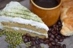 Green Tea Cake And Coffee Stock Photo