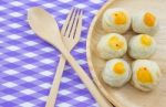 Chinese Pastry Mung Bean Or Mooncake With Egg Yolk On Wooden Dish And Spoon Fork Striped Cloth Stock Photo