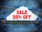 25% Off On White Paper In The Pocket Of Blue Denim Jeans Stock Photo