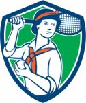 Female Tennis Player Racquet Vintage Shield Retro Stock Photo