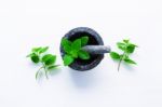 Stone Mortar And Pestle With Peppermint Leaf On White Wooden Bac Stock Photo