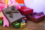 Stack Of Gift Box Lying On Top Wood Table Stock Photo