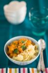 Pumpkin Curry With Chick-peas And Rice Indian Cuisine Stock Photo