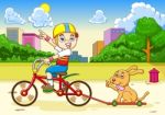 Boy And Dog Riding A Bicycle Stock Photo