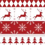 Merry Christmas And Reindeer With Snow On Red Pattern Background Stock Photo