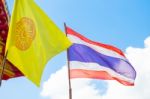 Thai National Flag And Buddhism Religion Flag Thailand Stock Photo