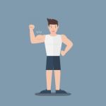 Gym Fitness Muscular Cartoon Man Show Biceps Flat Design Stock Photo