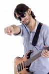 Young Guitarist With Pointing Finger Stock Photo