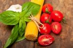 Italian Spaghetti Pasta Tomato And Basil Stock Photo