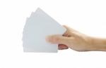 Hand Hold Five Blank Cards On White Background Stock Photo