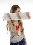 Cute Teen Girl Showing Roller Brush Stock Photo