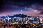 View Of Downtown Cityscape And Seoul Tower In Seoul, South Korea Stock Photo