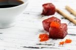 Red Tuna Sashimi With Salmon Roe Stock Photo