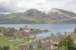 Spiez Town With Castle On Lake Thun Stock Photo