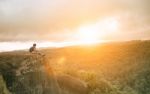 Traveling Woman Relaxing Trekking On Rock Cliff Use For People Leisure Lifestyle Stock Photo