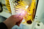 People Fix Node Fiber Optic In Network Room Stock Photo