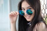 Portrait Of Thai Teen Glasses Beautiful Girl Relax And Smile Stock Photo