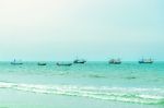 The View Of The Sand Beach And Sea Wave On The Afternoon Stock Photo