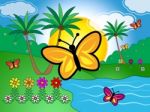 Butterflies On Lake Indicates Scenic Tranquil Green Countryside Stock Photo