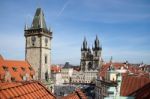 Old City Hall Tower And Church Of Our Lady Before Tyn In Prague Stock Photo