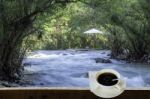 Isolated Hot Coffee Put A Glass Of White With A Casual Break From Work  Background Waterfall With Clipping Path Stock Photo