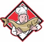 Chef Cook Handling Salmon Trout Fish Cartoon Stock Photo