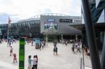 The Soccer Fans In Front Of Ethihad Stadium Stock Photo