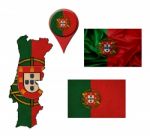 Portugal Flag, Map And Map Pointers Stock Photo