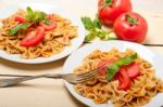 Italian Pasta Farfalle Butterfly Bow-tie And Tomato Sauce Stock Photo