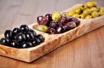 Variety Of Green, Black And Mixed Marinated Olives Stock Photo