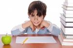 Studying Young Boy Gives Strange Look Wearing Specs Stock Photo