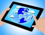 Flights Global Means Travel Guide And Worldly Tablet Stock Photo