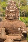 Statue Of Ancient Khmer Warrior Head At Angkor Wat Stock Photo