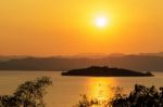 High Angle View Beautiful Lake And Island At Sunset Stock Photo