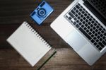 Top View Of Working Table Stock Photo