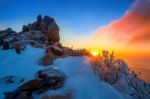 Sunrise On Deogyusan Mountains Covered With Snow In Winter,south Korea Stock Photo