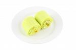 Green Sweet Roll Cake On Dish Stock Photo