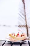 Banana Split Ice Cream With Whipped Cream And Cherry Stock Photo