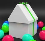 House Giftbox Indicates Surprise Giving And Greeting Stock Photo